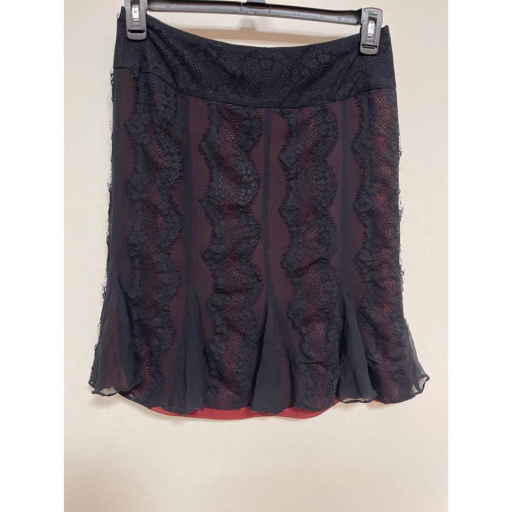 Alfani Petite Black Lace Silk Skirt Red Lining Gothic Romantic Size 10P